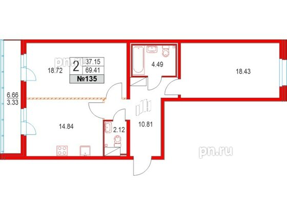 Квартира в ЖК Приморский квартал, 2 комнатная, 69.41 м², 4 этаж