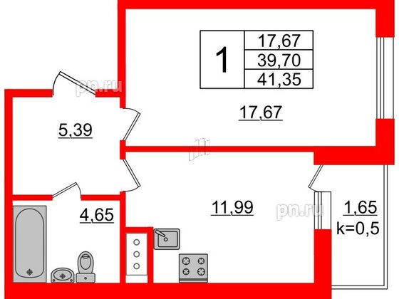 Квартира в ЖК Ювента, 1 комнатная, 42.4 м², 2 этаж