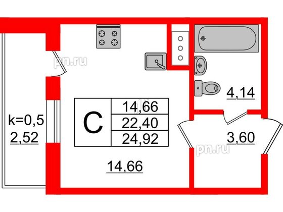 Квартира в ЖК Ювента, студия, 26 м², 2 этаж