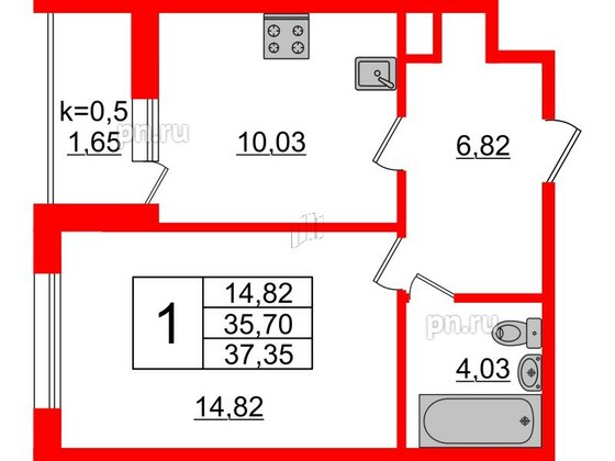 Квартира в ЖК Ювента, 1 комнатная, 38.7 м², 1 этаж