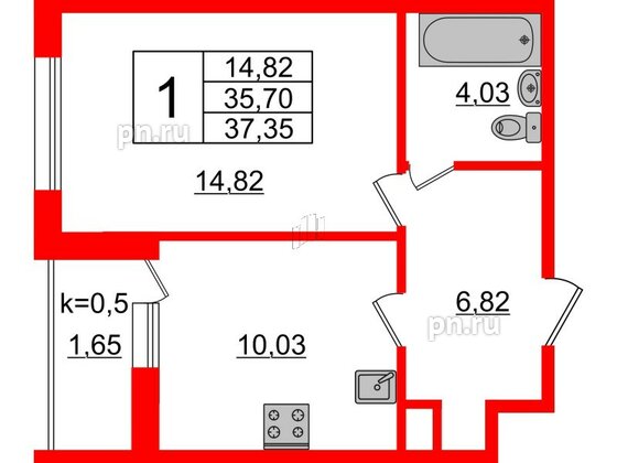 Квартира в ЖК Ювента, 1 комнатная, 38.8 м², 1 этаж