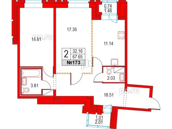 Квартира в ЖК Приморский квартал, 2 комнатная, 67.65 м², 10 этаж