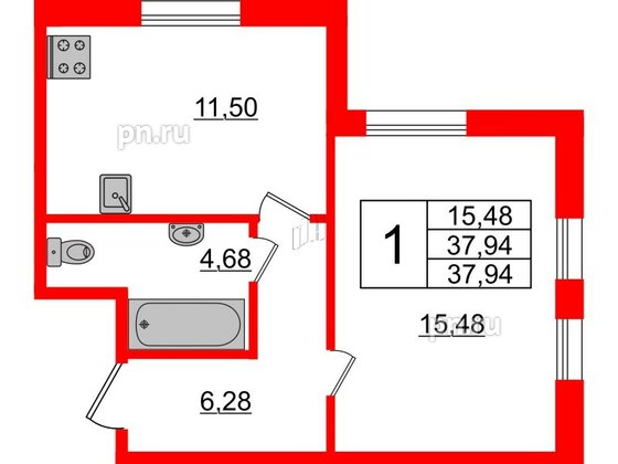 Квартира в ЖК Ювента, 1 комнатная, 38.9 м², 1 этаж