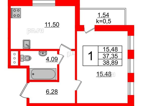 Квартира в ЖК Ювента, 1 комнатная, 40.1 м², 2 этаж