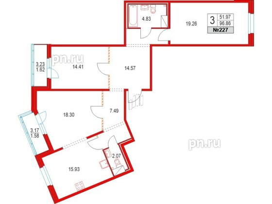 Квартира в ЖК Приморский квартал, 3 комнатная, 96.86 м², 6 этаж