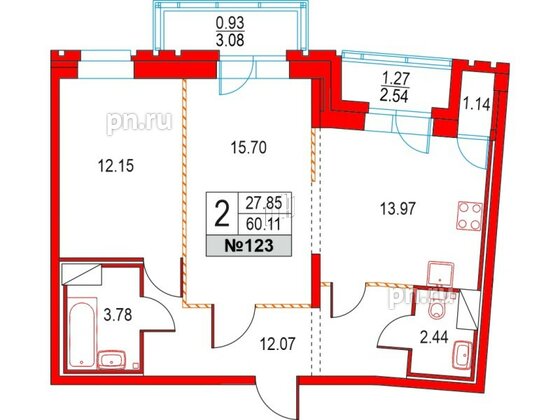 Квартира в ЖК Приморский квартал, 2 комнатная, 60.11 м², 3 этаж