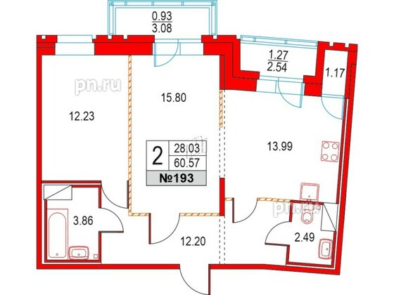 Квартира в ЖК Приморский квартал, 2 комнатная, 60.57 м², 12 этаж