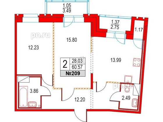 Квартира в ЖК Приморский квартал, 2 комнатная, 60.57 м², 14 этаж