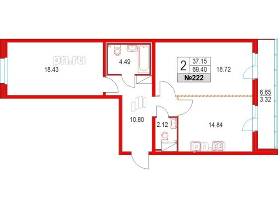 Квартира в ЖК Приморский квартал, 2 комнатная, 69.4 м², 4 этаж