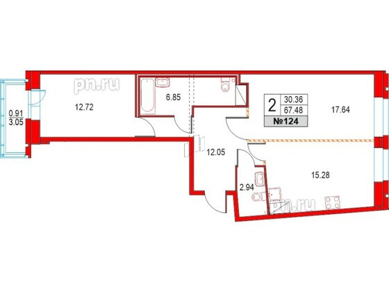 Квартира в ЖК Приморский квартал, 2 комнатная, 67.48 м², 3 этаж