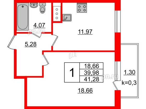 Квартира в ЖК Ювента, 1 комнатная, 41.3 м², 11 этаж