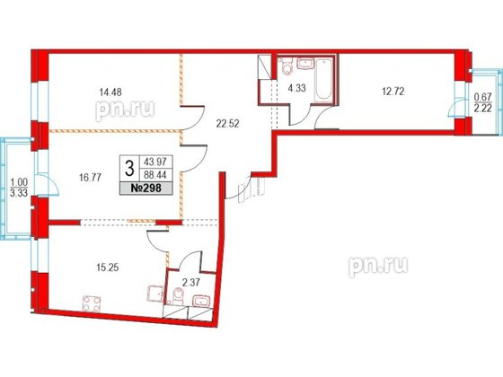 Квартира в ЖК Приморский квартал, 3 комнатная, 88.44 м², 2 этаж