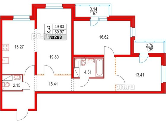 Квартира в ЖК Приморский квартал, 3 комнатная, 89.97 м², 3 этаж