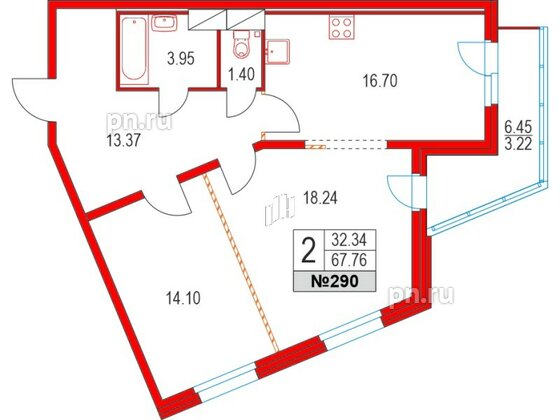 Квартира в ЖК Приморский квартал, 2 комнатная, 67.76 м², 3 этаж