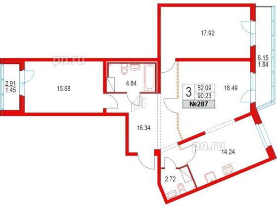 Квартира в ЖК Приморский квартал, 3 комнатная, 90.23 м², 2 этаж