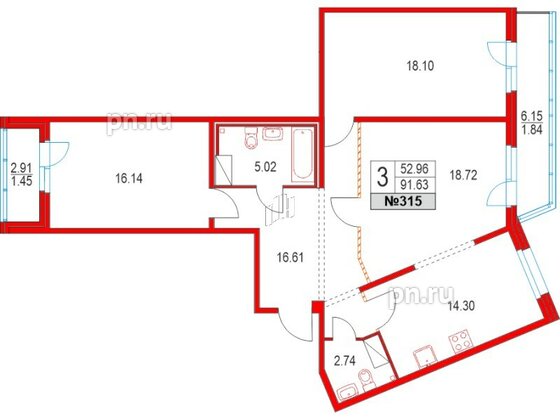 Квартира в ЖК Приморский квартал, 3 комнатная, 91.63 м², 6 этаж