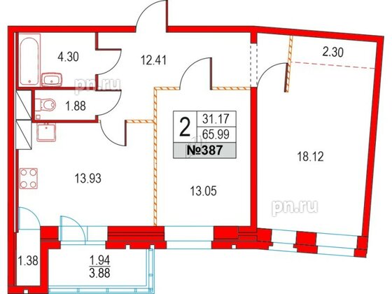 Квартира в ЖК Приморский квартал, 2 комнатная, 65.99 м², 11 этаж