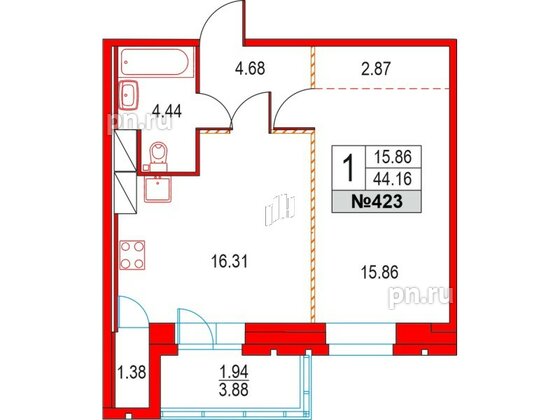 Квартира в ЖК Приморский квартал, 1 комнатная, 44.16 м², 15 этаж