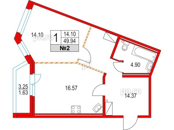 Квартира в ЖК Приморский квартал, 1 комнатная, 49.94 м², 2 этаж