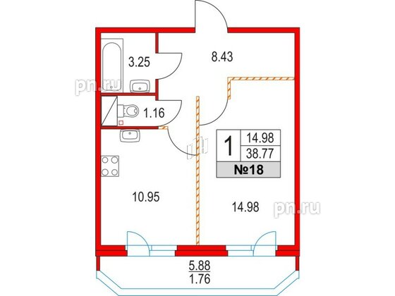 Квартира в ЖК Приморский квартал, 1 комнатная, 38.77 м², 4 этаж