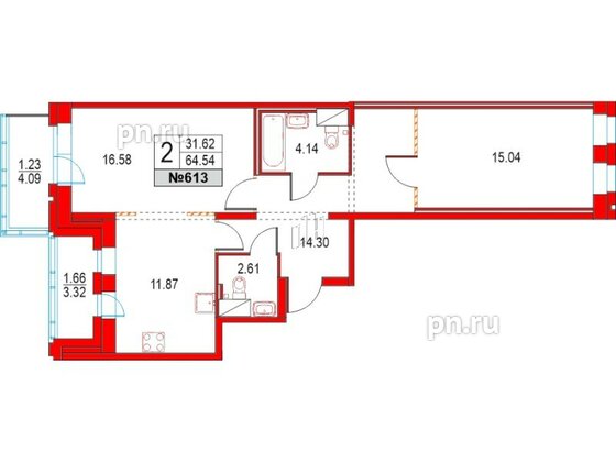 Квартира в ЖК Приморский квартал, 2 комнатная, 64.54 м², 3 этаж