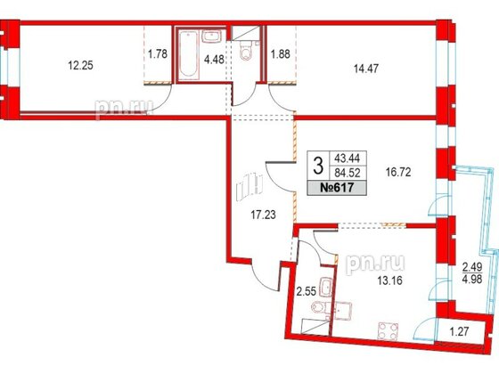 Квартира в ЖК Приморский квартал, 3 комнатная, 84.52 м², 3 этаж