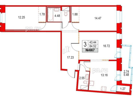 Квартира в ЖК Приморский квартал, 3 комнатная, 84.52 м², 13 этаж