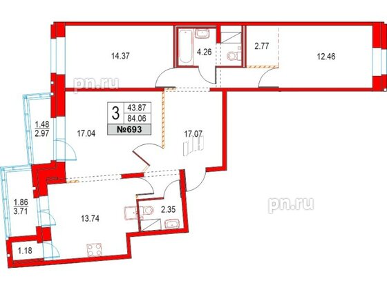 Квартира в ЖК Приморский квартал, 3 комнатная, 84.06 м², 5 этаж