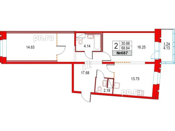 Квартира в ЖК Приморский квартал, 2 комнатная, 68.64 м², 3 этаж