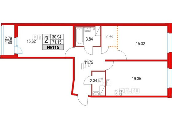 Квартира в ЖК Приморский квартал, 2 комнатная, 71.15 м², 3 этаж