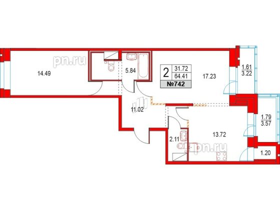 Квартира в ЖК Приморский квартал, 2 комнатная, 64.41 м², 2 этаж