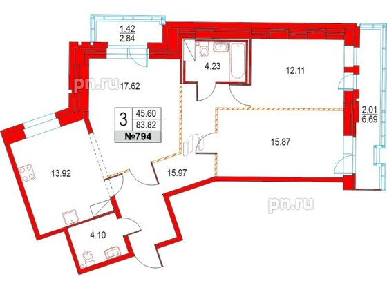 Квартира в ЖК Приморский квартал, 3 комнатная, 83.82 м², 3 этаж