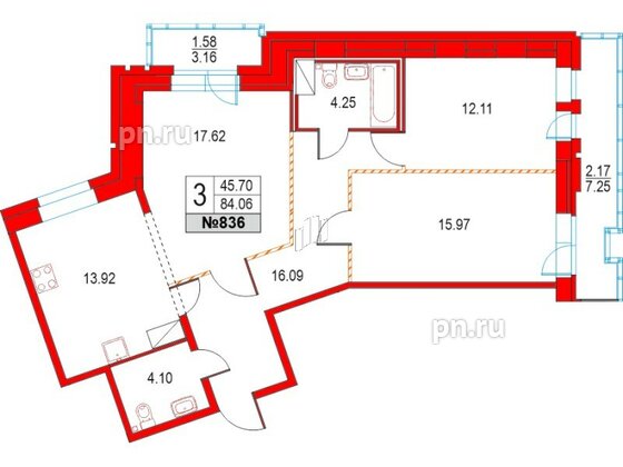 Квартира в ЖК Приморский квартал, 3 комнатная, 84.06 м², 10 этаж