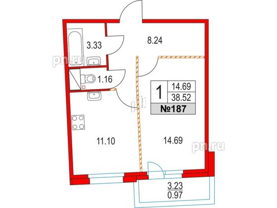 Квартира в ЖК Приморский квартал, 1 комнатная, 38.52 м², 3 этаж