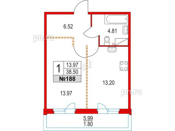 Квартира в ЖК Приморский квартал, 1 комнатная, 38.5 м², 3 этаж