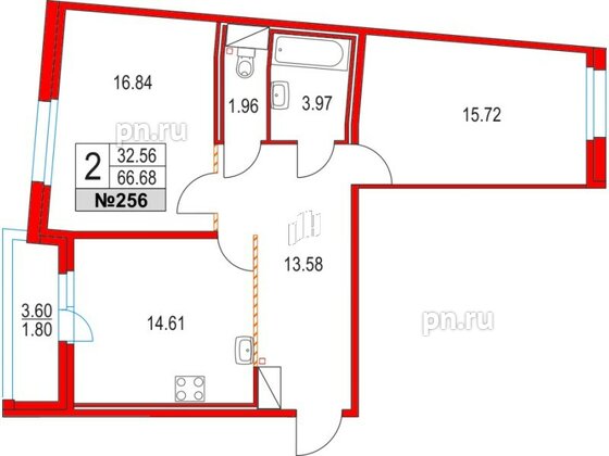 Квартира в ЖК Приморский квартал, 2 комнатная, 66.68 м², 2 этаж