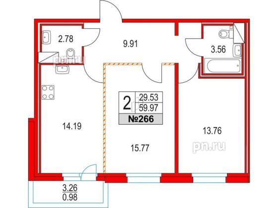 Квартира в ЖК Приморский квартал, 2 комнатная, 59.97 м², 4 этаж