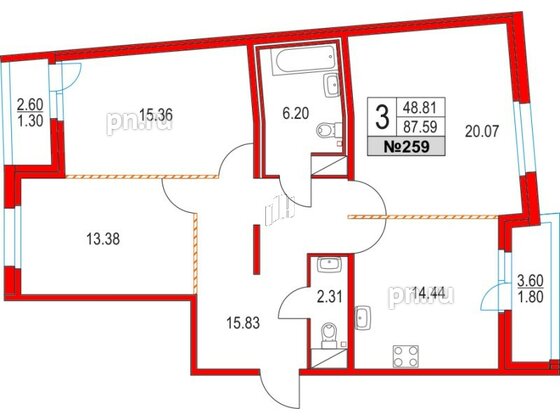 Квартира в ЖК Приморский квартал, 3 комнатная, 87.59 м², 2 этаж