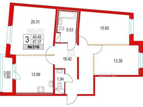 Квартира в ЖК Приморский квартал, 3 комнатная, 87.37 м², 2 этаж