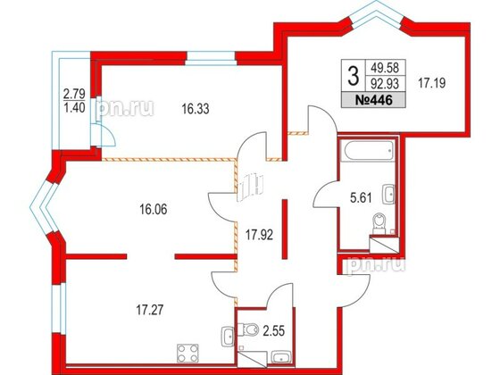 Квартира в ЖК Приморский квартал, 3 комнатная, 92.93 м², 2 этаж