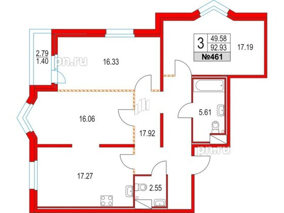 Квартира в ЖК Приморский квартал, 3 комнатная, 92.93 м², 5 этаж