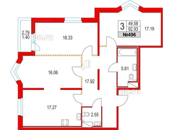 Квартира в ЖК Приморский квартал, 3 комнатная, 92.93 м², 12 этаж