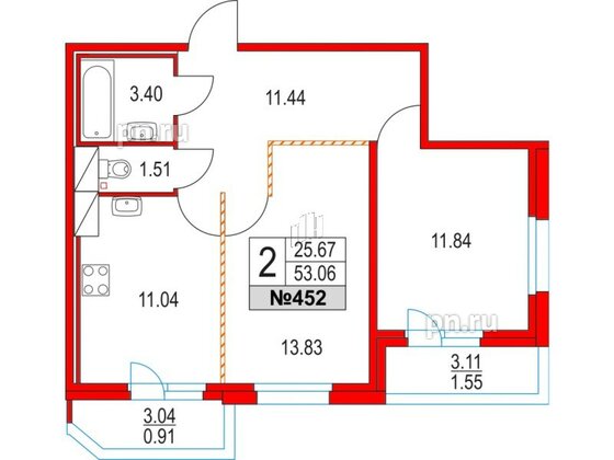 Квартира в ЖК Приморский квартал, 2 комнатная, 53.06 м², 3 этаж