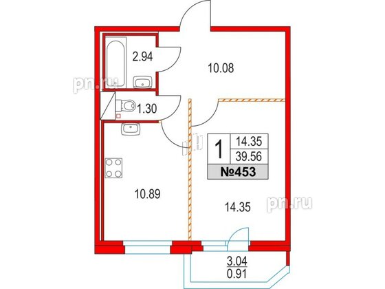 Квартира в ЖК Приморский квартал, 1 комнатная, 39.56 м², 3 этаж