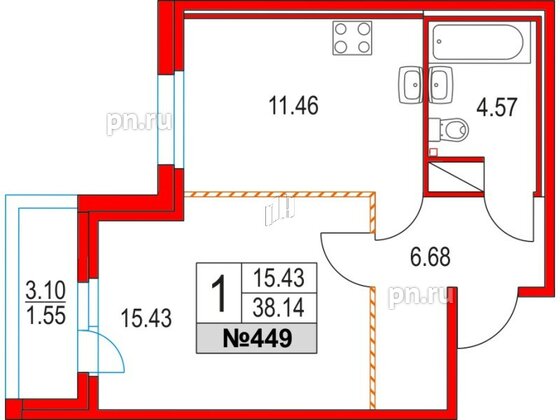 Квартира в ЖК Приморский квартал, 1 комнатная, 38.14 м², 2 этаж