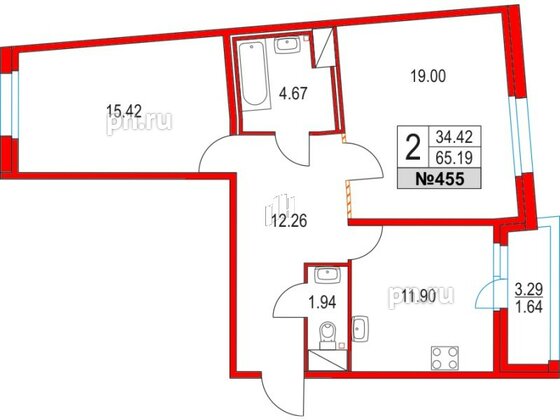 Квартира в ЖК Приморский квартал, 2 комнатная, 65.19 м², 3 этаж