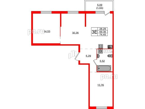 Квартира в ЖК Simple, 3 комнатная, 74.45 м², 3 этаж