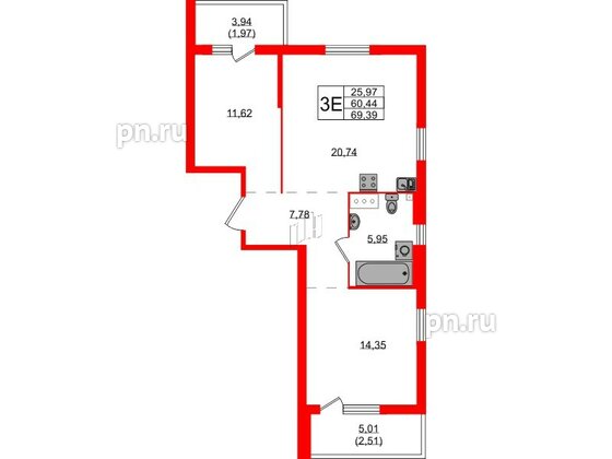 Квартира в ЖК Simple, 2 комнатная, 69.39 м², 3 этаж