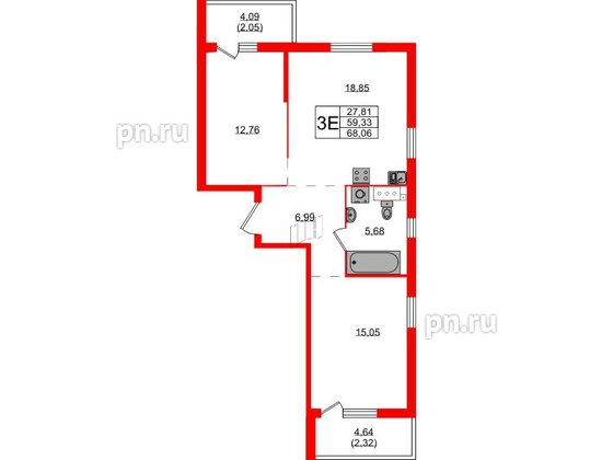 Квартира в ЖК Simple, 2 комнатная, 68.06 м², 2 этаж