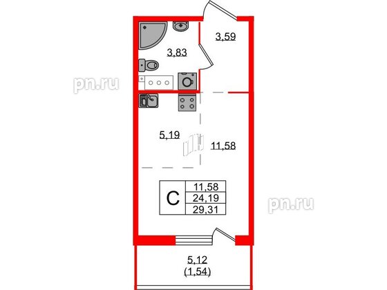 Квартира в ЖК Simple, студия, 29.31 м², 2 этаж